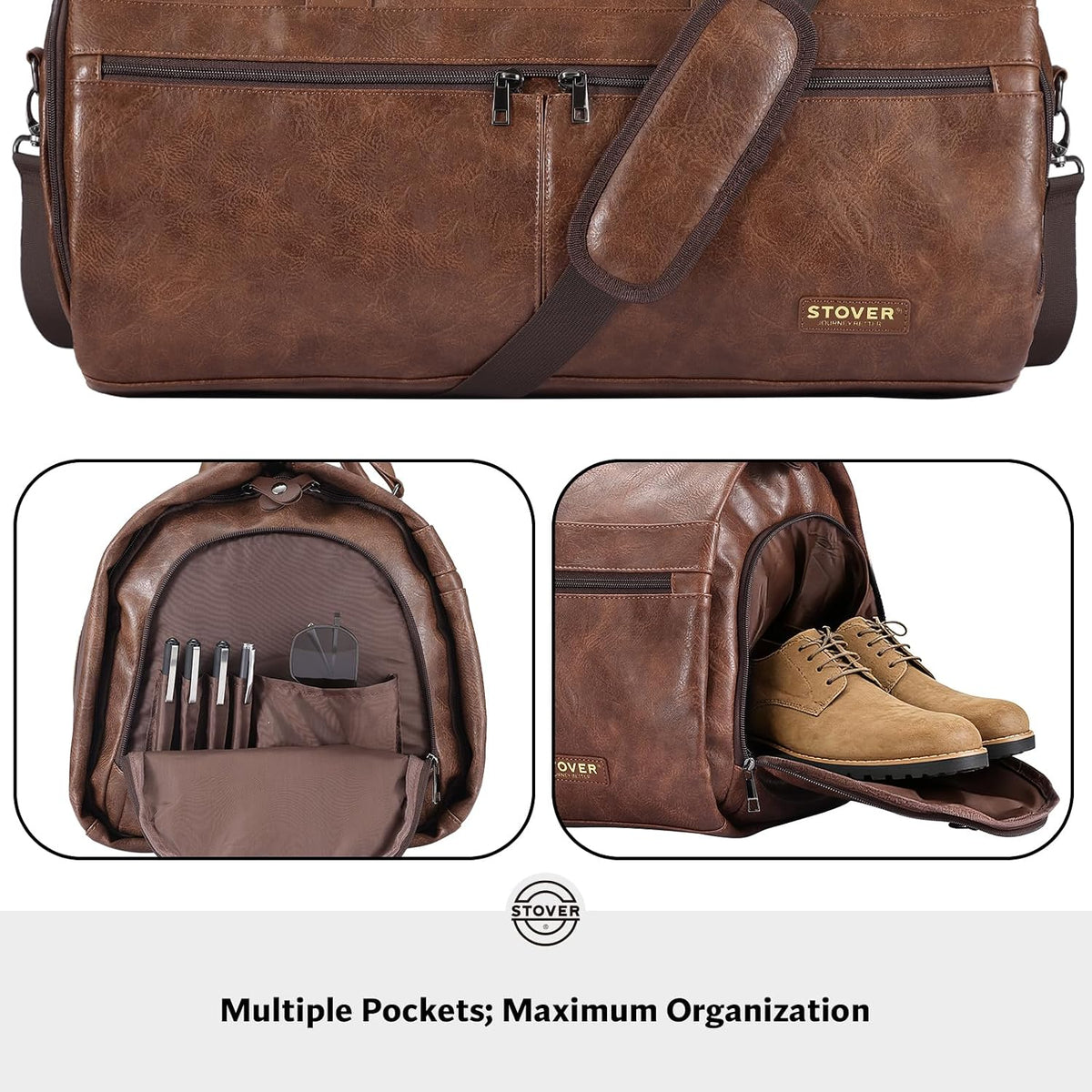 Garment Travel Duffle Bag, Large 2-in-1 Convertible Carry-on Luggage for Men & Women- Hanging Suits, Dresses & Clothes + Shoe Compartment- Weekender Tote Combo Duffel (Brown Leatherette)