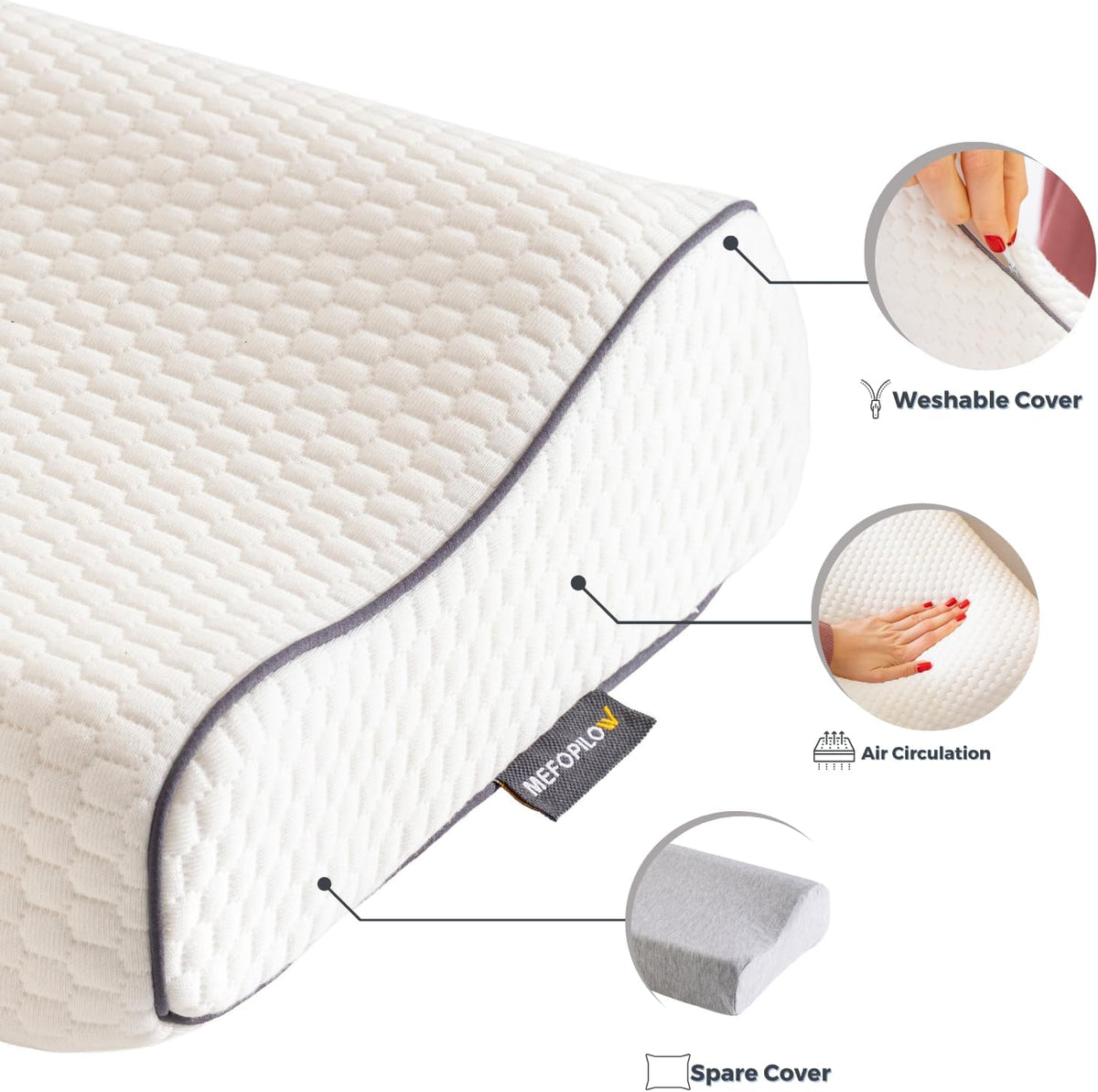 Memory Foam Travel Pillow with Washable Cover & Carry Bag – Compact, Soft & Breathable Neck Pillow for Airplane, Camping & Car (White- with Extra Gray Cotton Cover, 15.7x9.8x3.9 inches)