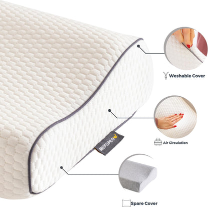 Memory Foam Travel Pillow with Washable Cover & Carry Bag – Compact, Soft & Breathable Neck Pillow for Airplane, Camping & Car (White- with Extra Gray Cotton Cover, 15.7x9.8x3.9 inches)