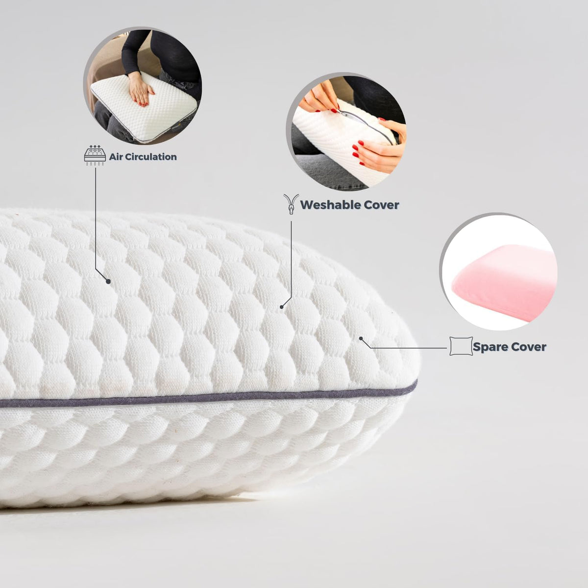 Memory Foam Travel Pillow with Washable Cover & Carry Bag – Compact, Soft & Breathable Neck Pillow for Airplane, Camping & Car (White- with Extra Gray Cotton Cover, 15.7x9.8x3.9 inches)