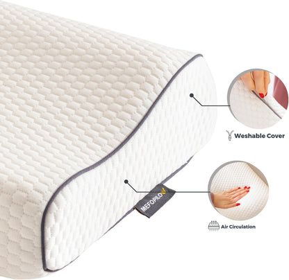 Memory Foam Travel Pillow with Washable Cover & Carry Bag – Compact, Soft & Breathable Neck Pillow for Airplane, Camping & Car (White- with Extra Gray Cotton Cover, 15.7x9.8x3.9 inches)