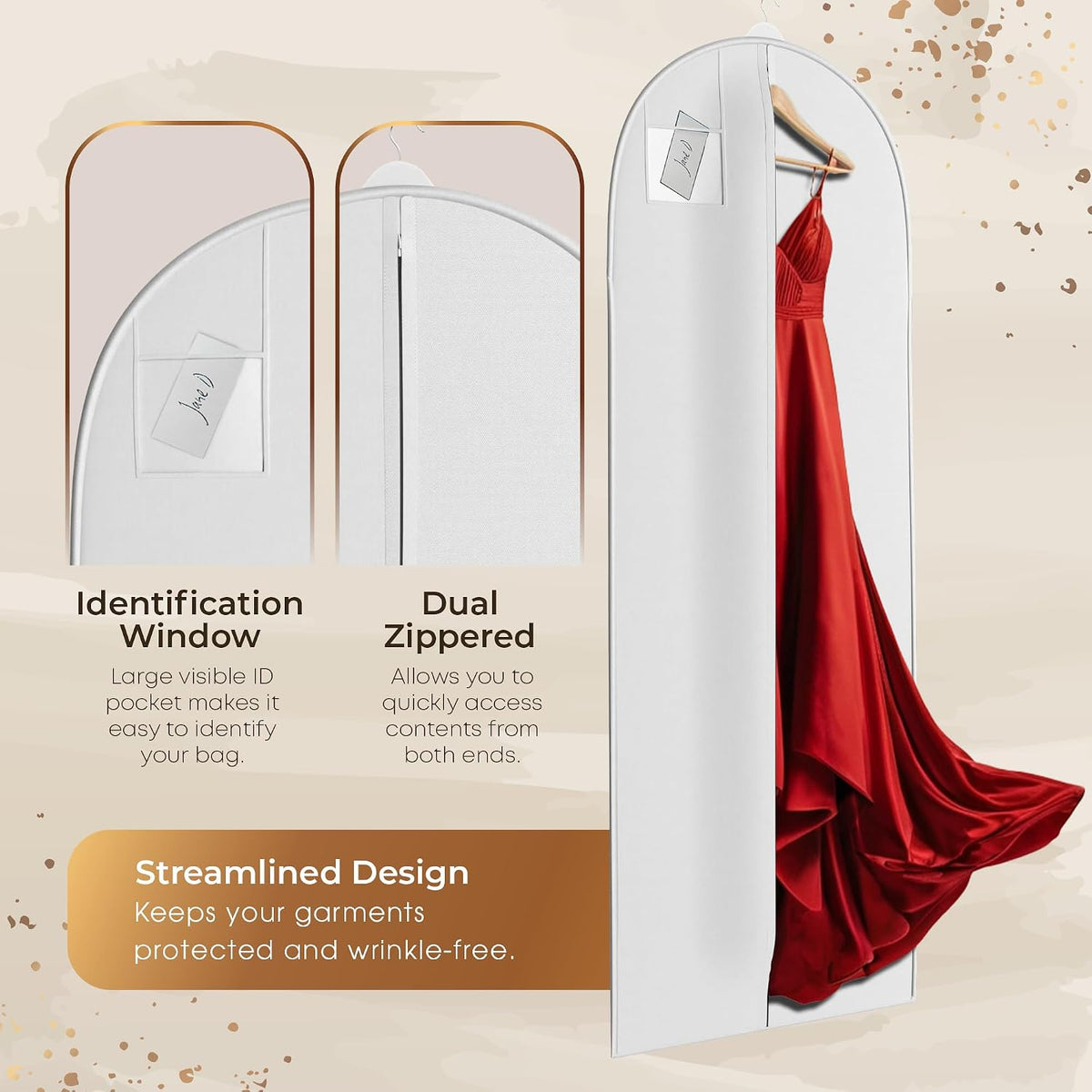 72" Long Dress Bags for Gowns - Wedding Dress Garment Bag for Dresses - Long Garment Bags for Hanging Clothes & Closet Storage - Durable Travel Bag for Women with ID Window