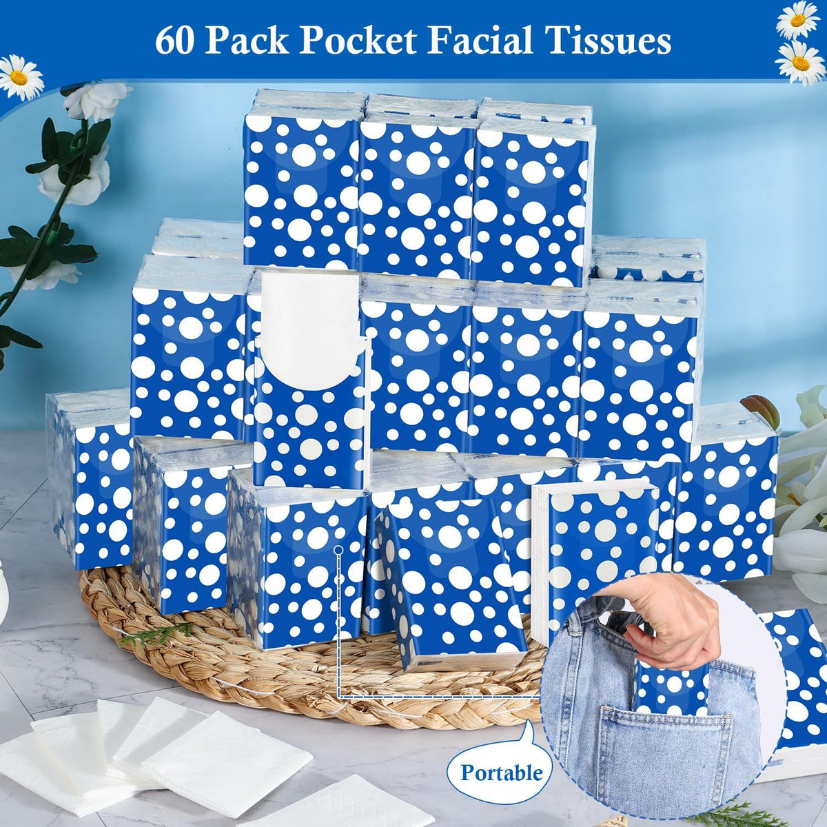 Pocket Tissues Travel Packs 250 Sheets Travel Size Tissue Packs 3 Ply Unscented Small Mini Individual Portable Tissue Pack with Unique Embossing for Purse Holiday Travel Party