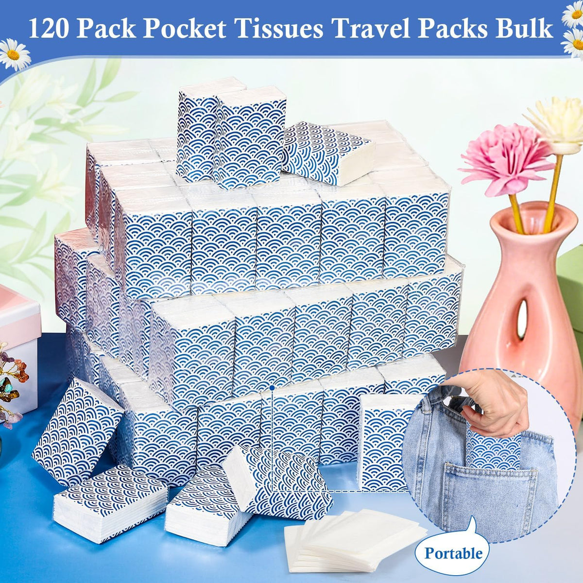 Pocket Tissues Travel Packs 250 Sheets Travel Size Tissue Packs 3 Ply Unscented Small Mini Individual Portable Tissue Pack with Unique Embossing for Purse Holiday Travel Party