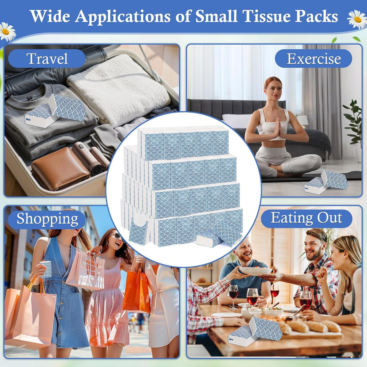 Pocket Tissues Travel Packs 250 Sheets Travel Size Tissue Packs 3 Ply Unscented Small Mini Individual Portable Tissue Pack with Unique Embossing for Purse Holiday Travel Party
