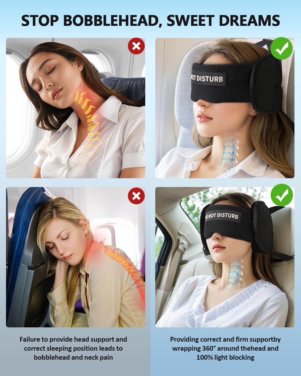 Travel Pillows for Airplanes, Plane Pillow with Eye Mask for Long Flights Sleeping, 360° Support Airplane Head Strap Compact Flight Essentials for Travel Sleep Neck Upright, Stop Head Bobbing (Grey)