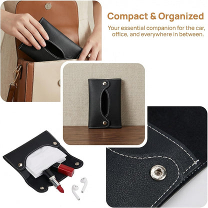 2Pcs Pocket Tissue Holder for Purse Travel Size Bag Case for Paper Towels Reusable PU Storage Pouch Car Tissue Box Holder for Toilet Paper Compact Use Black