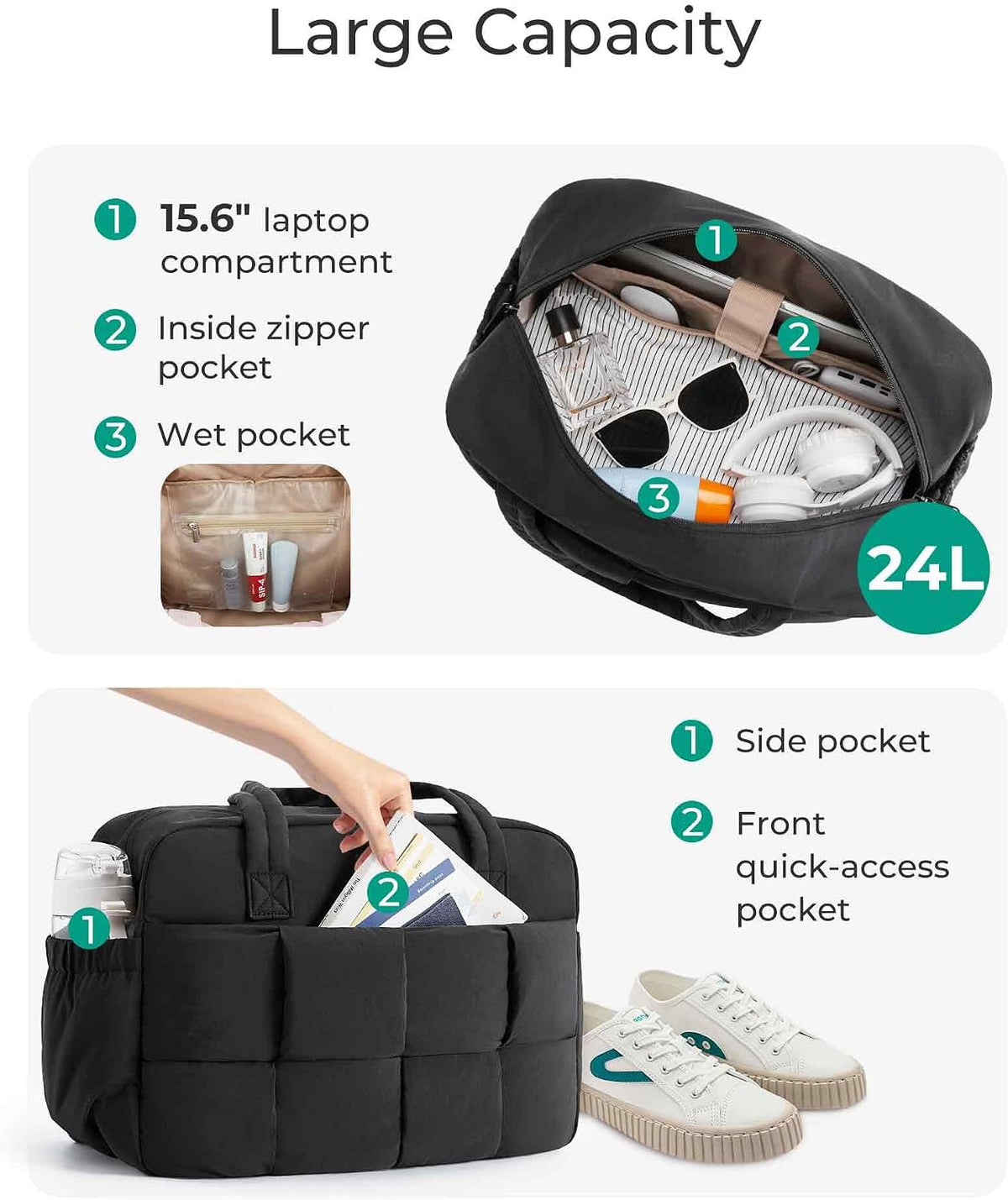 Gym Bag for Women, Personal Item Puffer Duffle Bag, Weekender Overnight Carry On Tote Handag for Travel