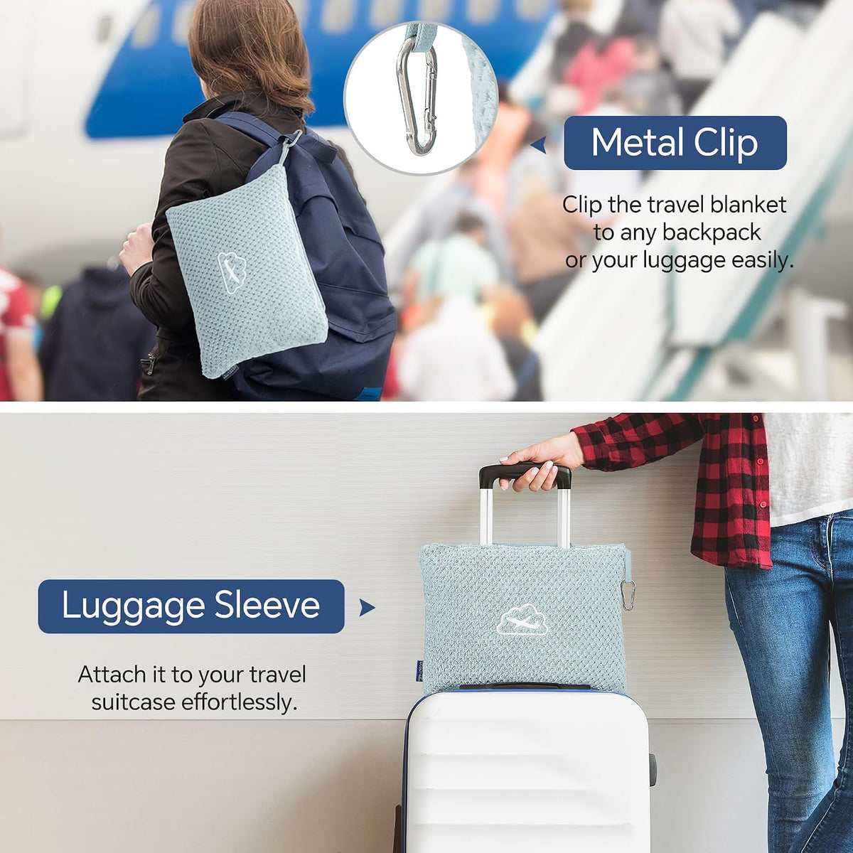 Travel Blanket with Bag, Jacquard Fleece Blanket 65"x40", Blue