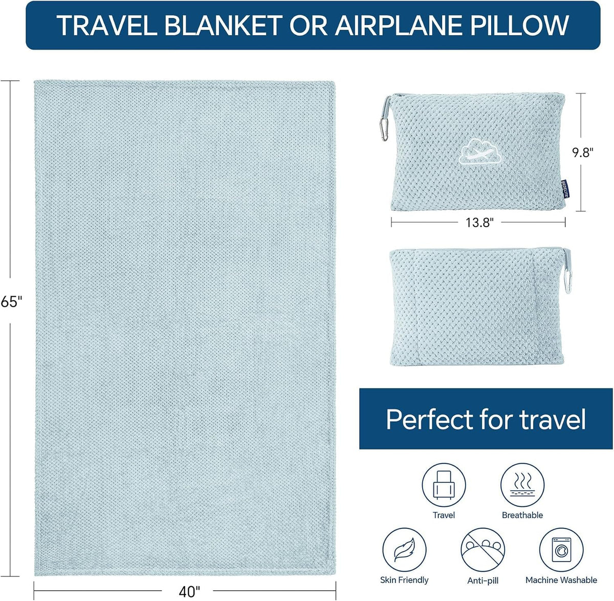 Travel Blanket with Bag, Jacquard Fleece Blanket 65"x40", Blue
