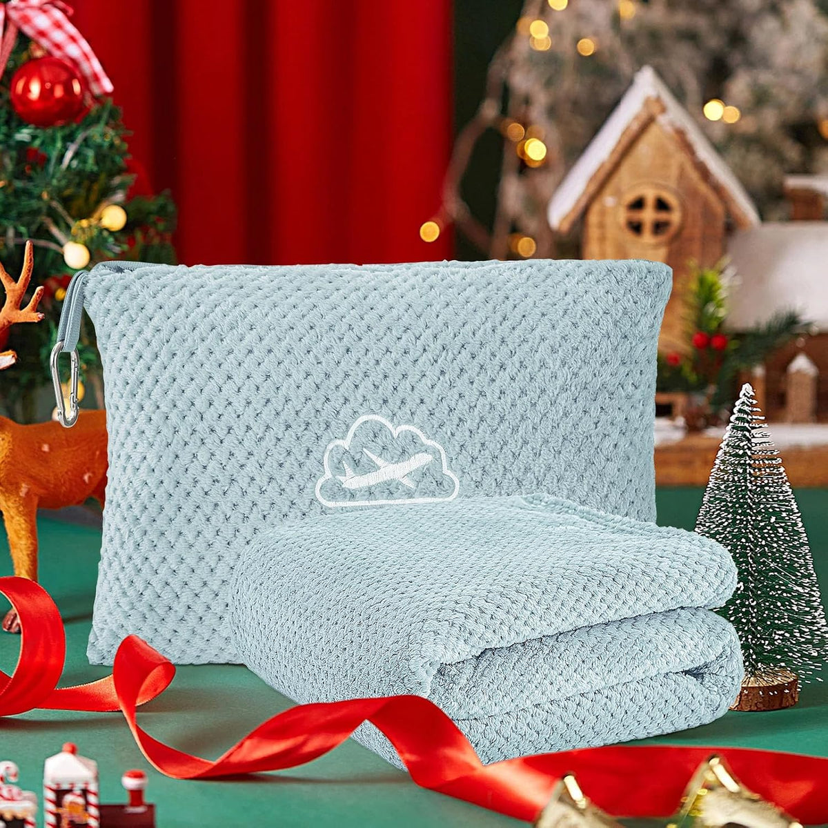 Travel Blanket with Bag, Jacquard Fleece Blanket 65"x40", Blue