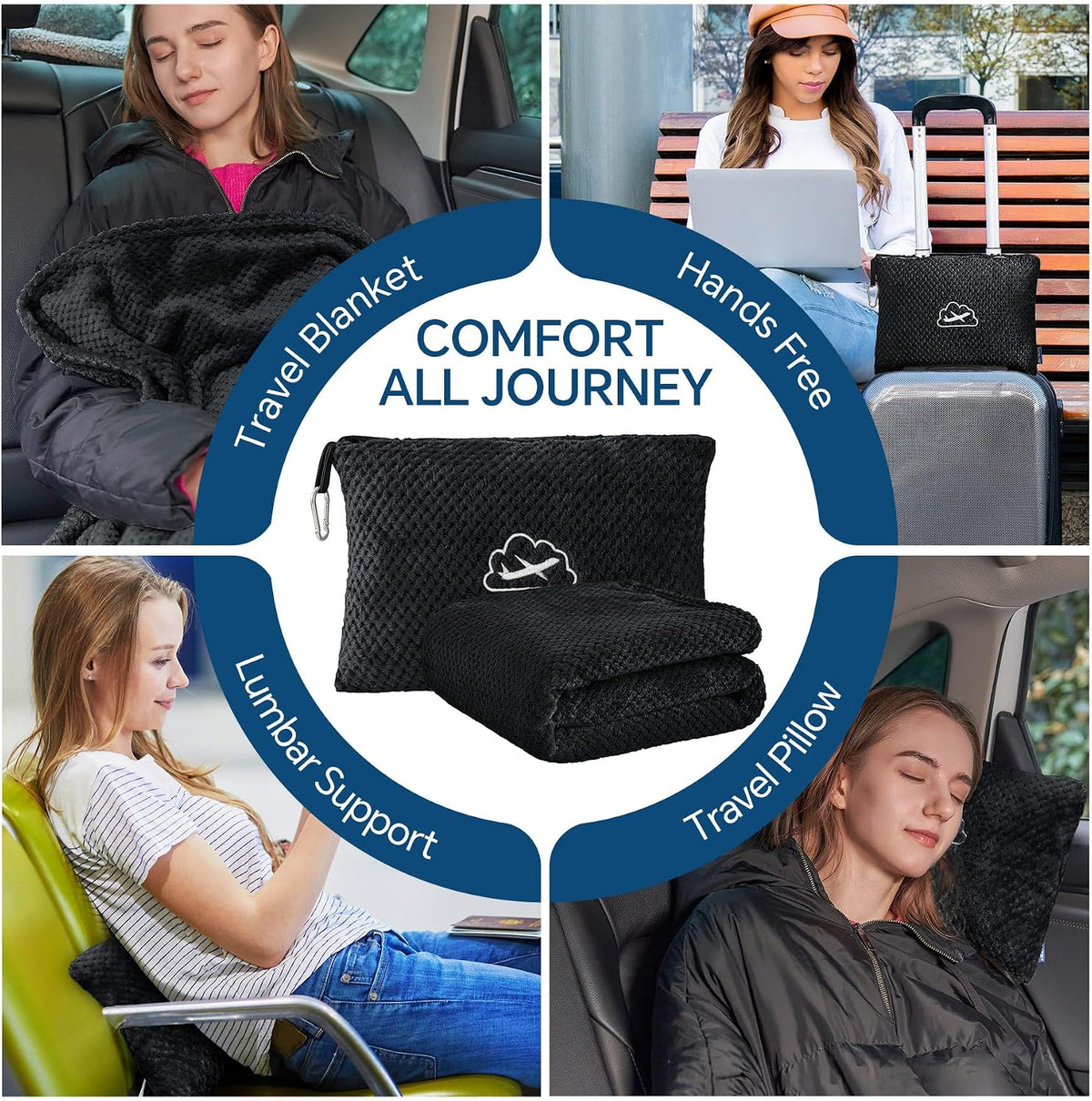 Travel Blanket with Bag, Jacquard Fleece Blanket 65"x40", Blue