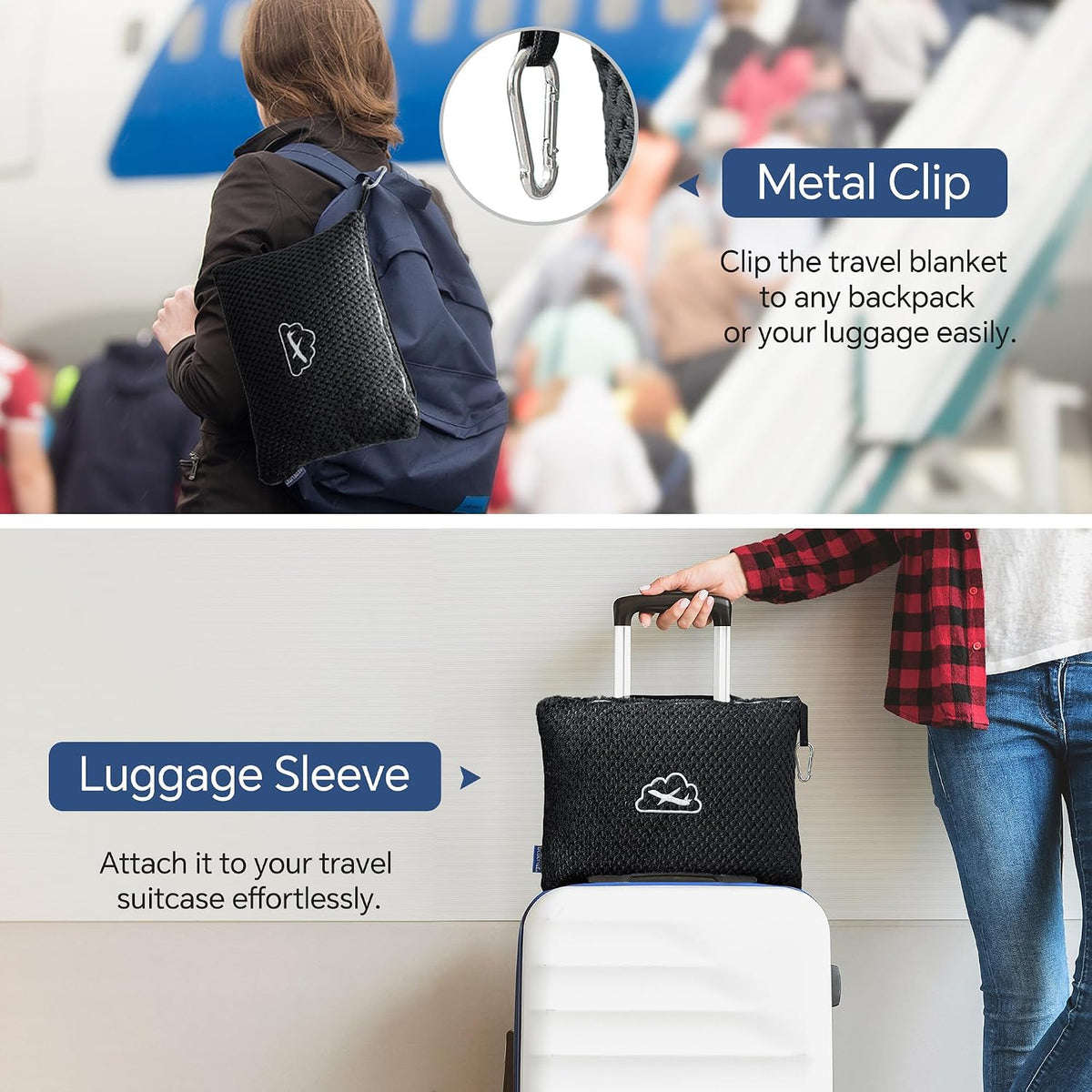 Travel Blanket with Bag, Jacquard Fleece Blanket 65"x40", Blue