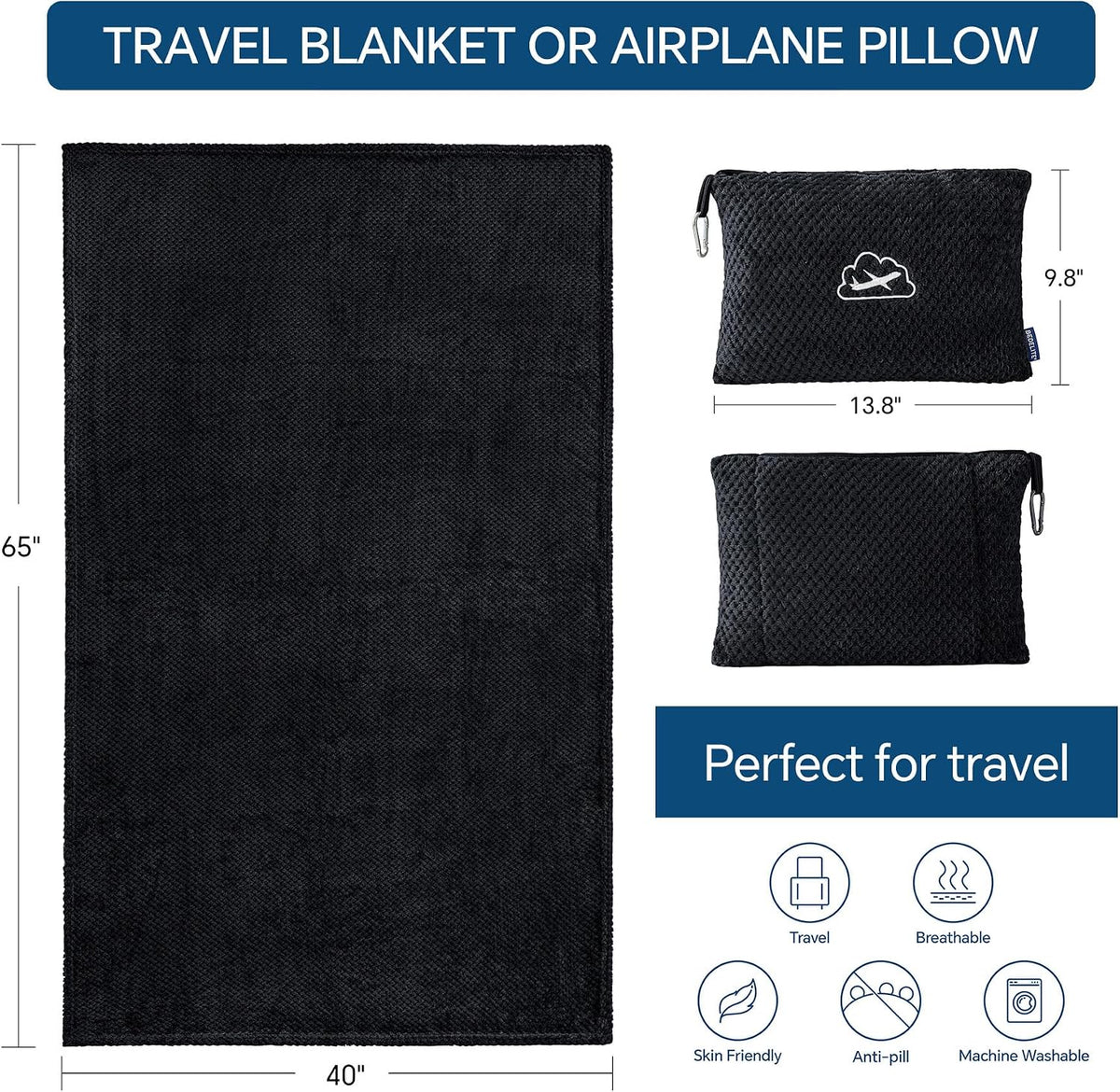Travel Blanket with Bag, Jacquard Fleece Blanket 65"x40", Blue