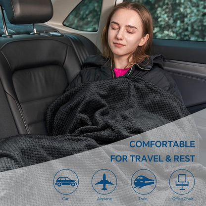 Travel Blanket with Bag, Jacquard Fleece Blanket 65"x40", Blue