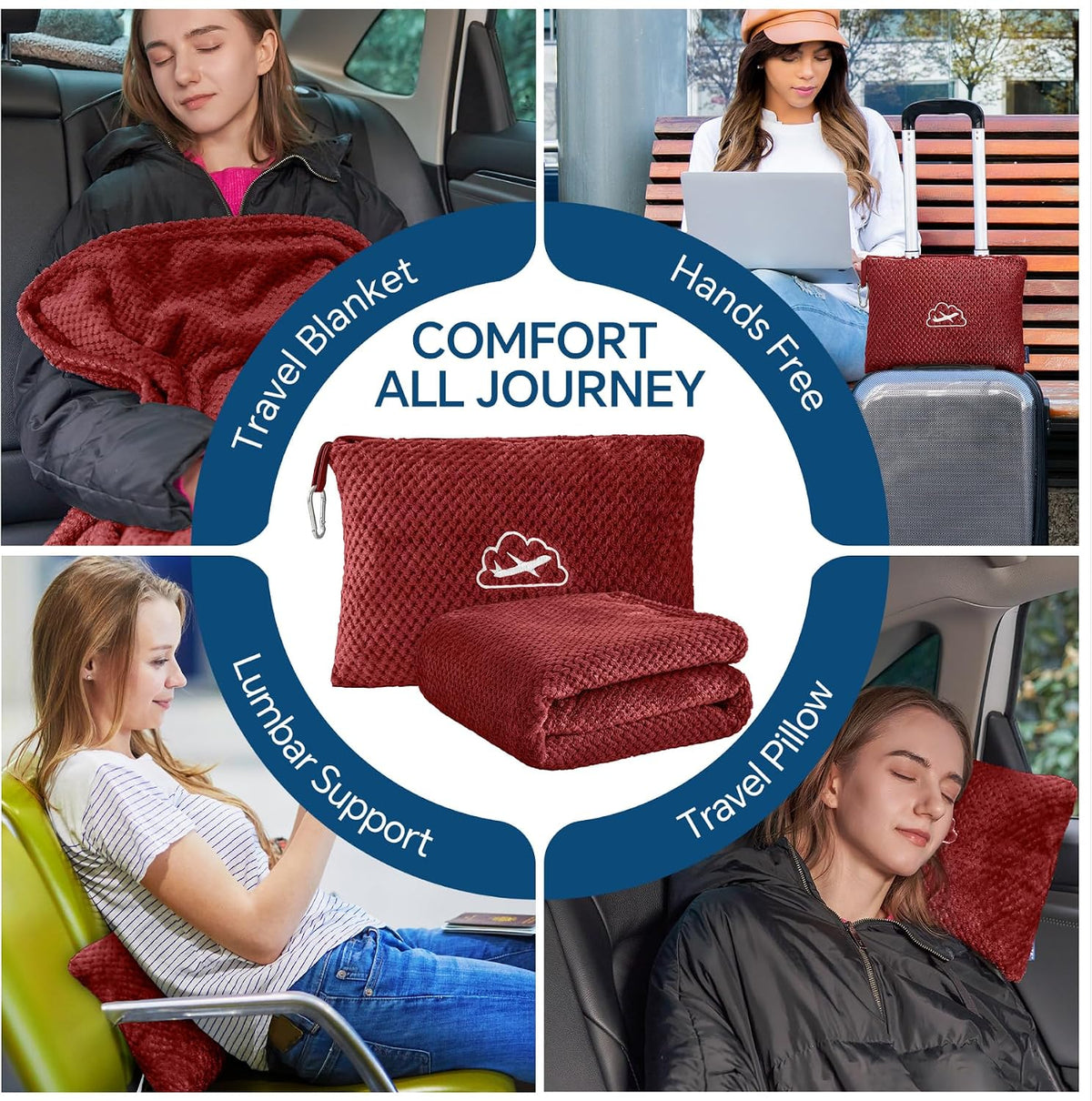 Travel Blanket with Bag, Jacquard Fleece Blanket 65"x40", Blue