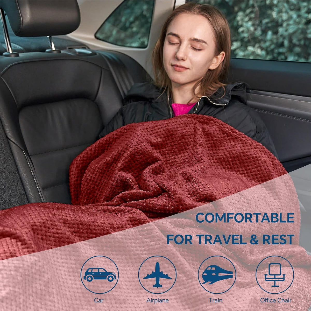 Travel Blanket with Bag, Jacquard Fleece Blanket 65"x40", Blue