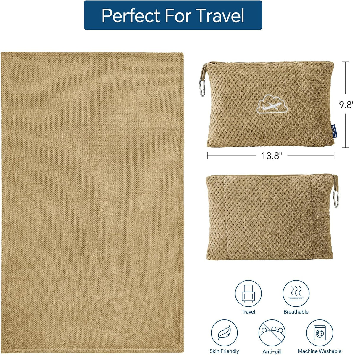Travel Blanket with Bag, Jacquard Fleece Blanket 65"x40", Blue