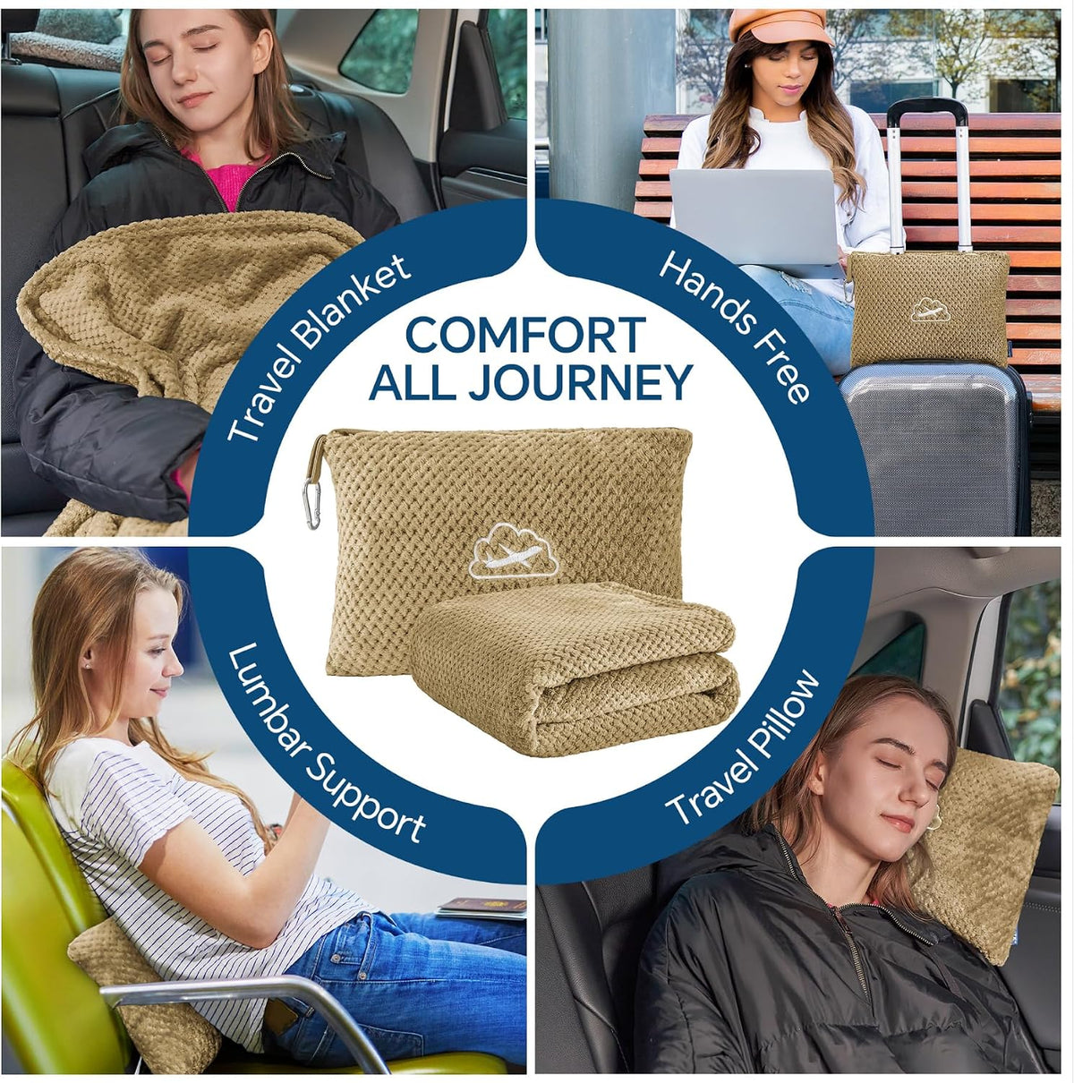 Travel Blanket with Bag, Jacquard Fleece Blanket 65"x40", Blue