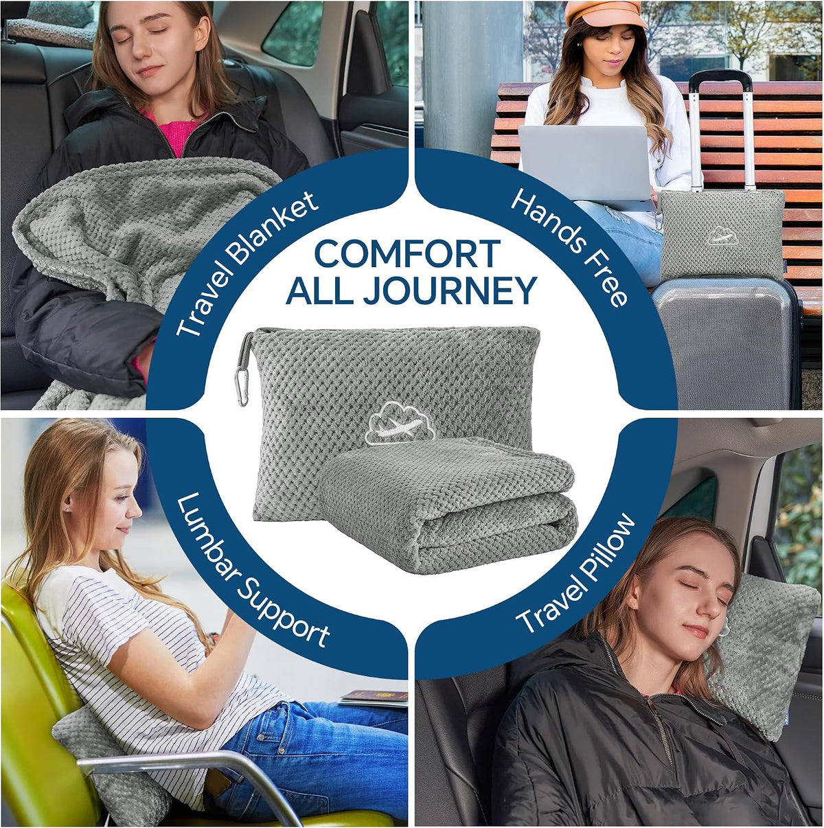 Travel Blanket with Bag, Jacquard Fleece Blanket 65"x40", Blue