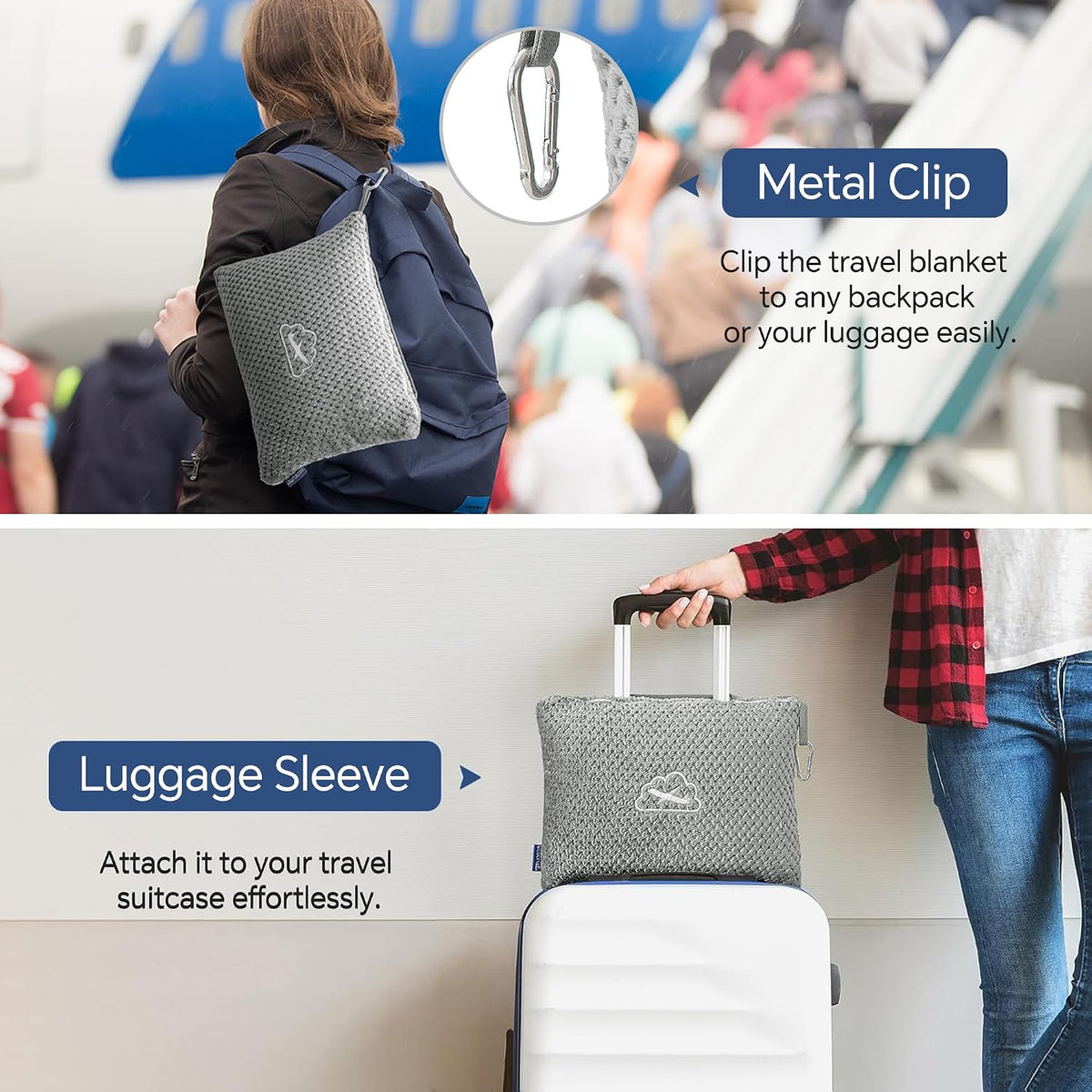 Travel Blanket with Bag, Jacquard Fleece Blanket 65"x40", Blue
