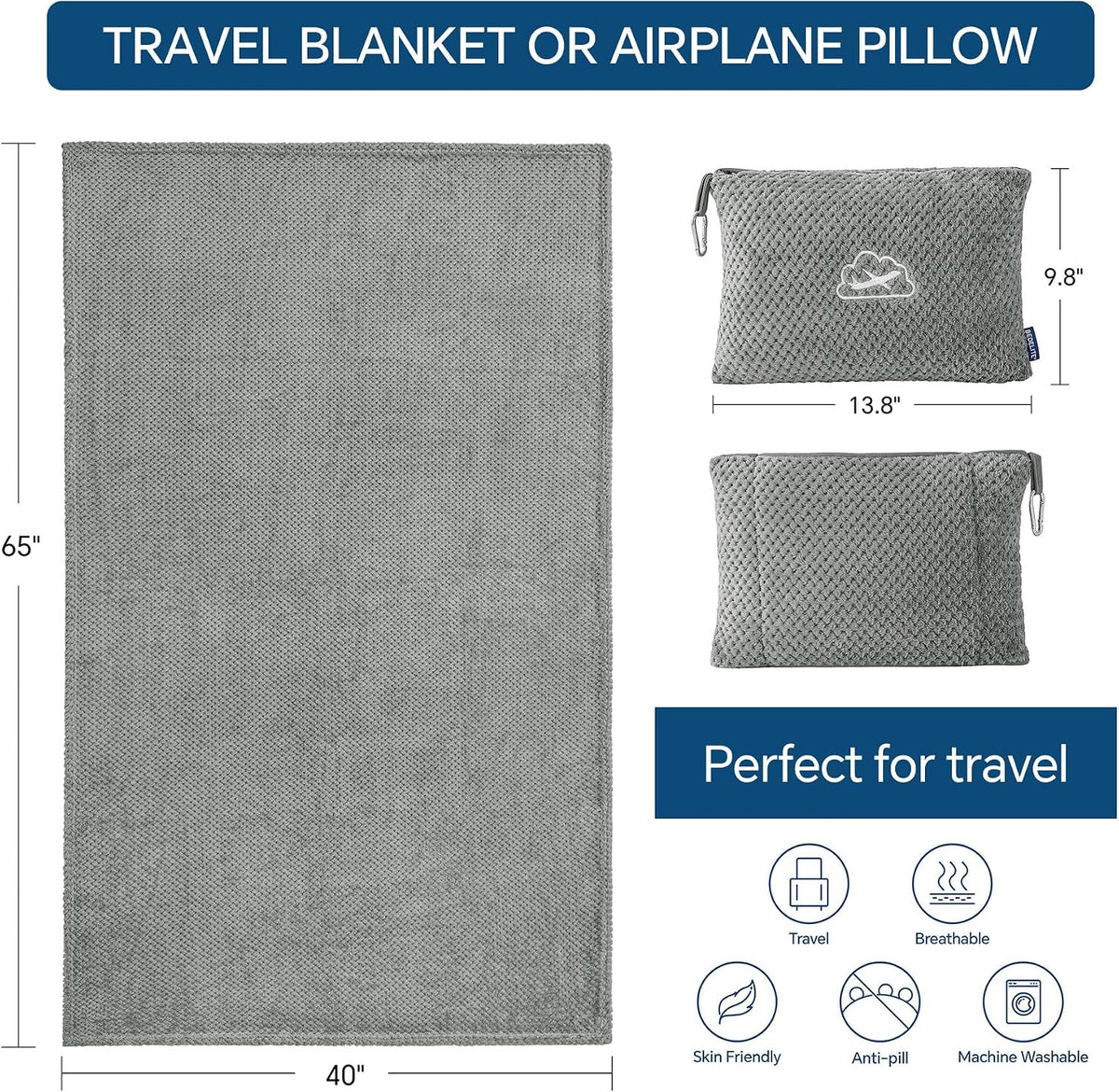 Travel Blanket with Bag, Jacquard Fleece Blanket 65"x40", Blue