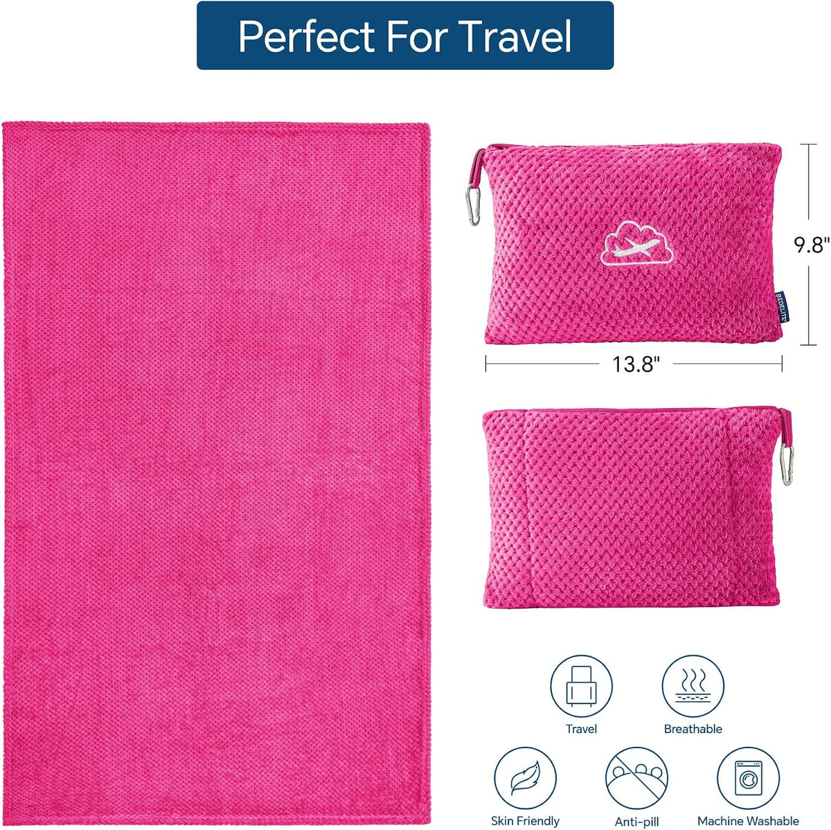Travel Blanket with Bag, Jacquard Fleece Blanket 65"x40", Blue