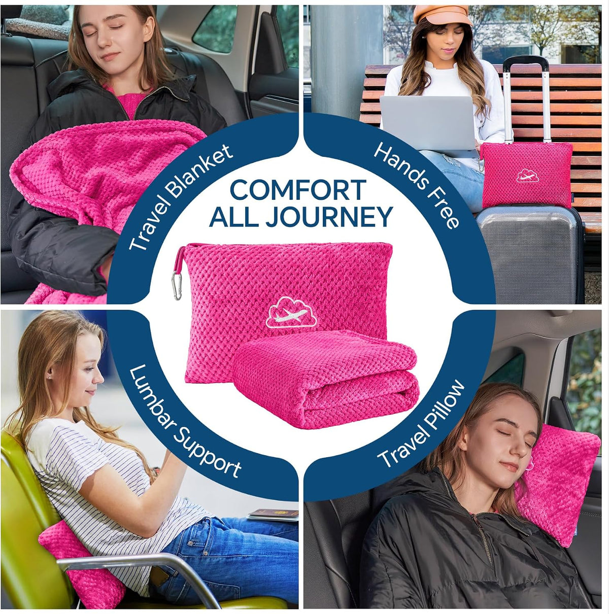 Travel Blanket with Bag, Jacquard Fleece Blanket 65"x40", Blue