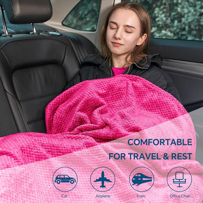 Travel Blanket with Bag, Jacquard Fleece Blanket 65"x40", Blue