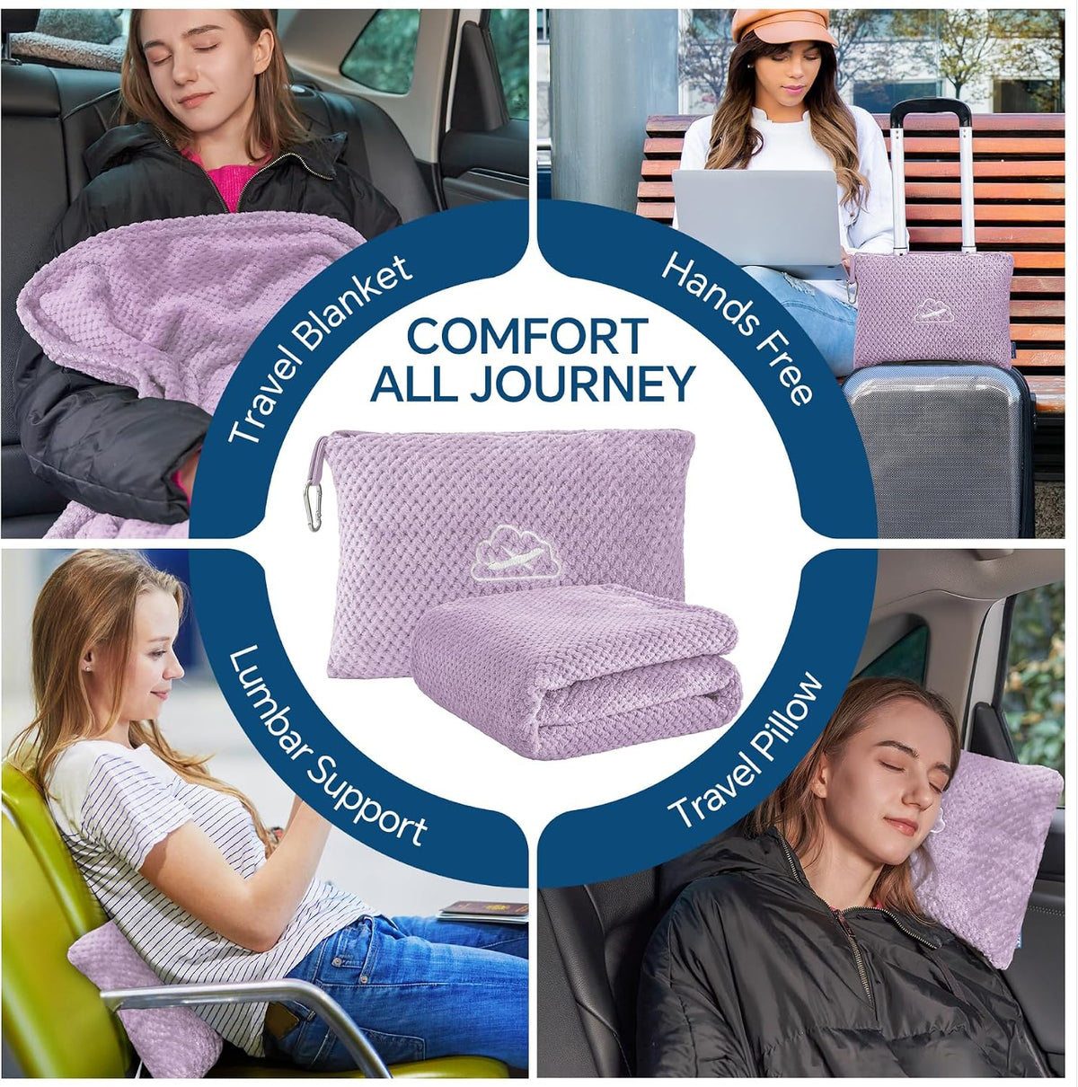 Travel Blanket with Bag, Jacquard Fleece Blanket 65"x40", Blue