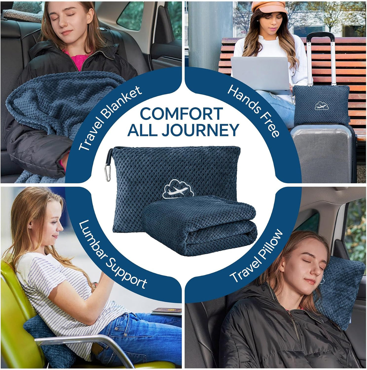 Travel Blanket with Bag, Jacquard Fleece Blanket 65"x40", Blue
