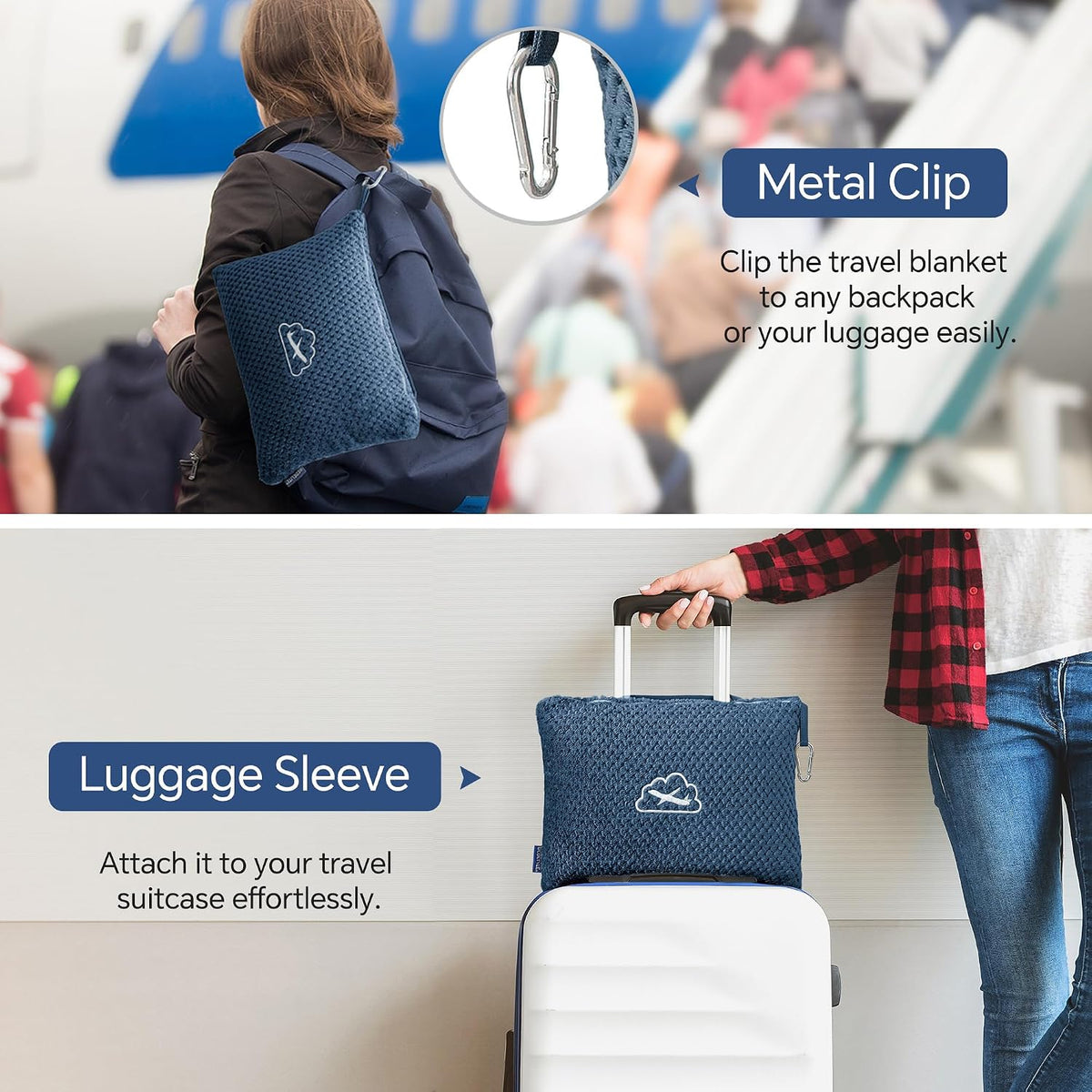 Travel Blanket with Bag, Jacquard Fleece Blanket 65"x40", Blue