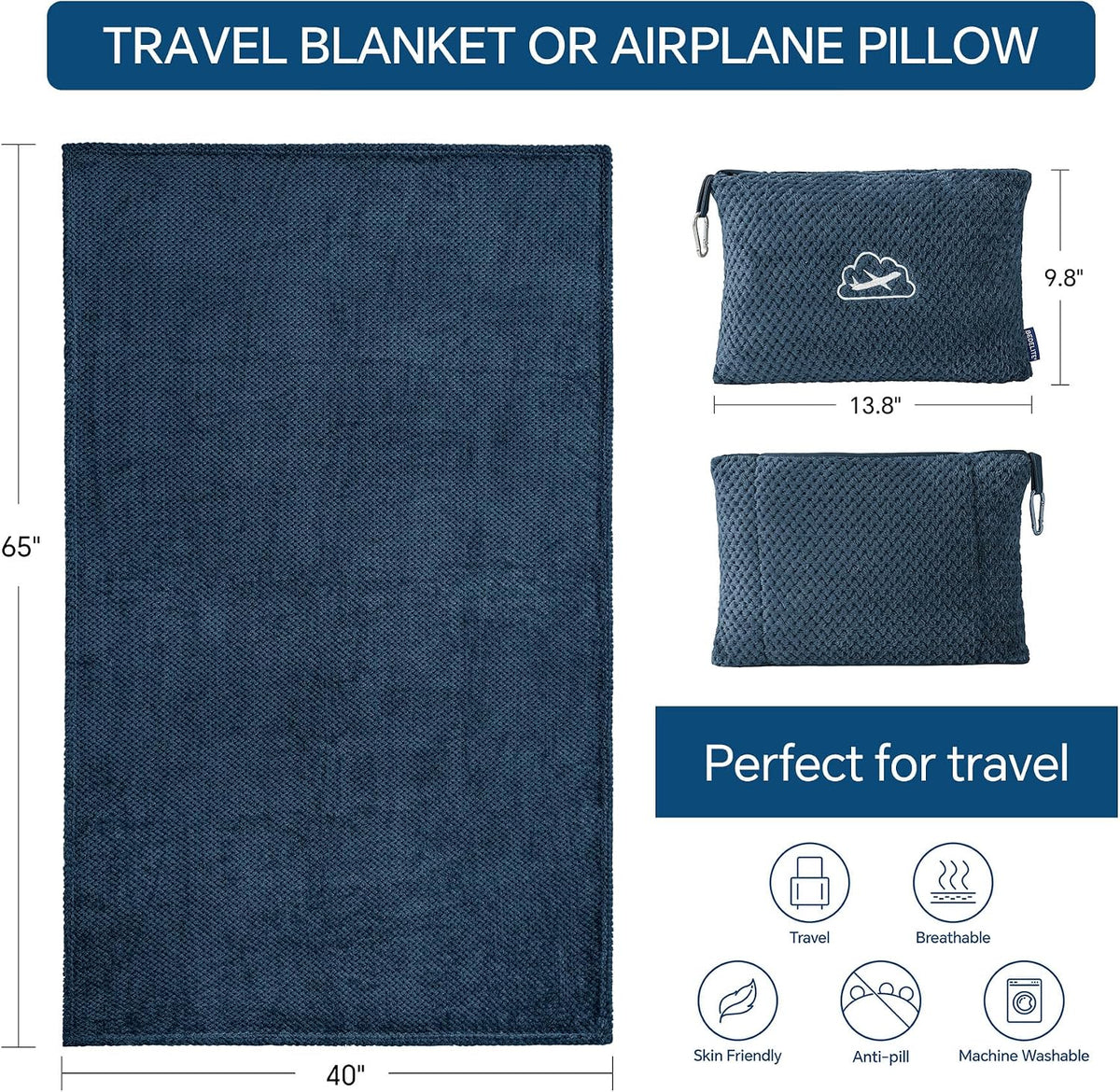 Travel Blanket with Bag, Jacquard Fleece Blanket 65"x40", Blue