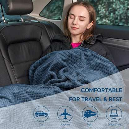 Travel Blanket with Bag, Jacquard Fleece Blanket 65"x40", Blue
