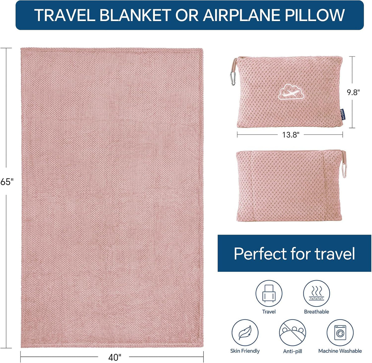 Travel Blanket with Bag, Jacquard Fleece Blanket 65"x40", Blue