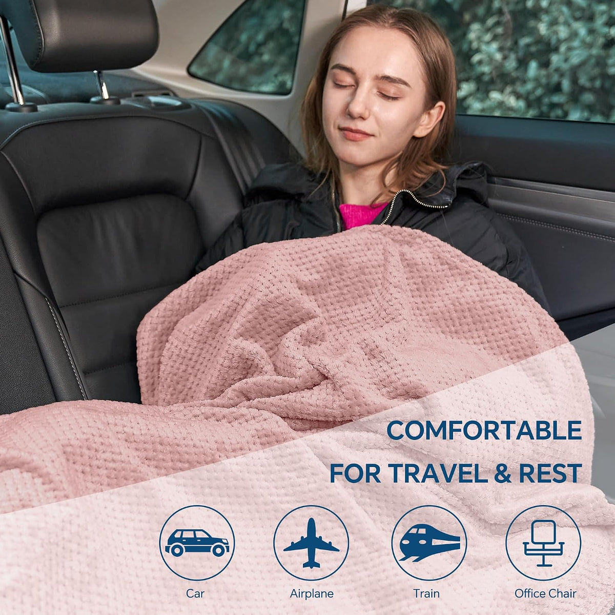 Travel Blanket with Bag, Jacquard Fleece Blanket 65"x40", Blue