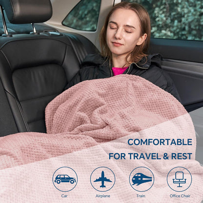 Travel Blanket with Bag, Jacquard Fleece Blanket 65"x40", Blue