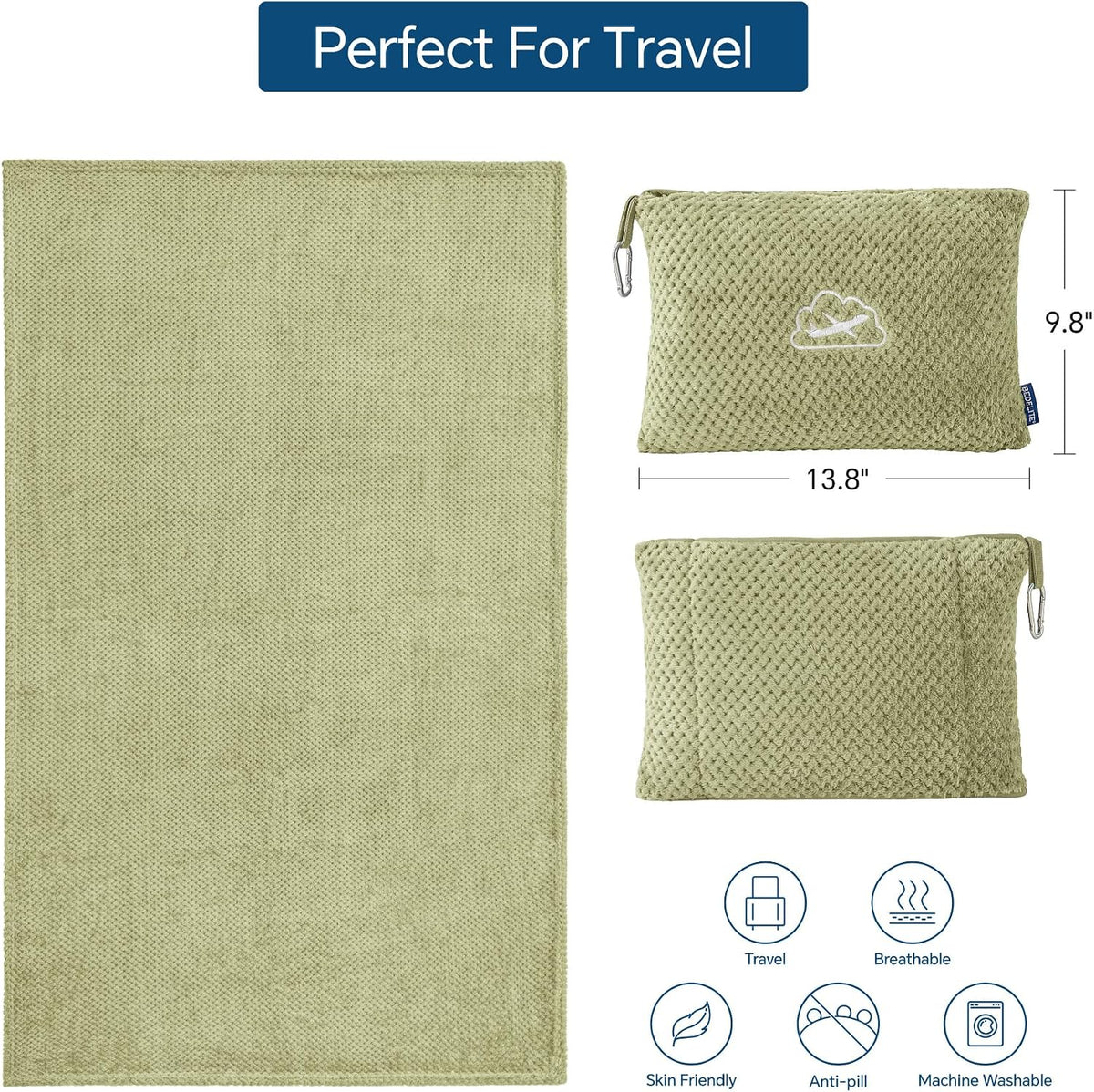 Travel Blanket with Bag, Jacquard Fleece Blanket 65"x40", Blue