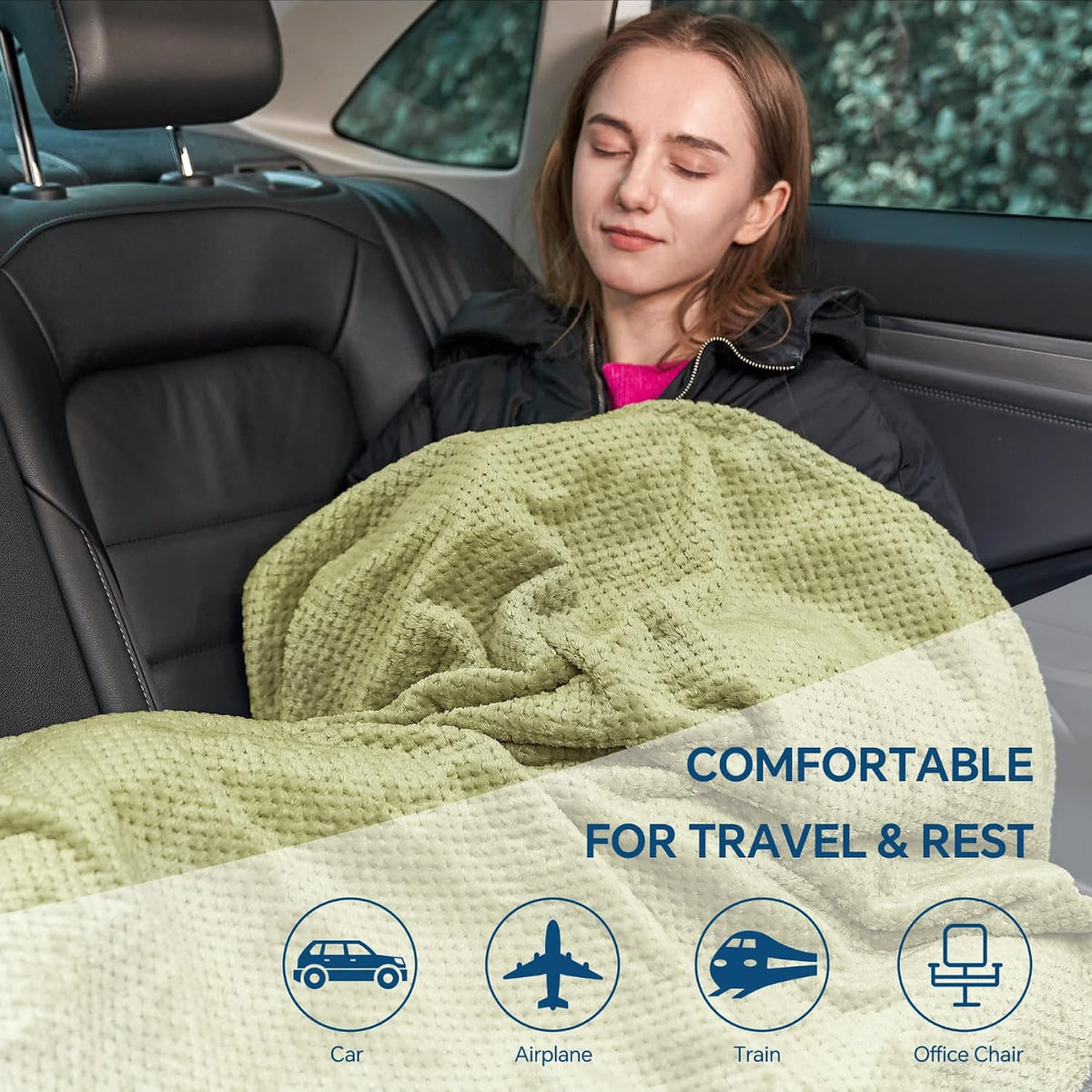 Travel Blanket with Bag, Jacquard Fleece Blanket 65"x40", Blue