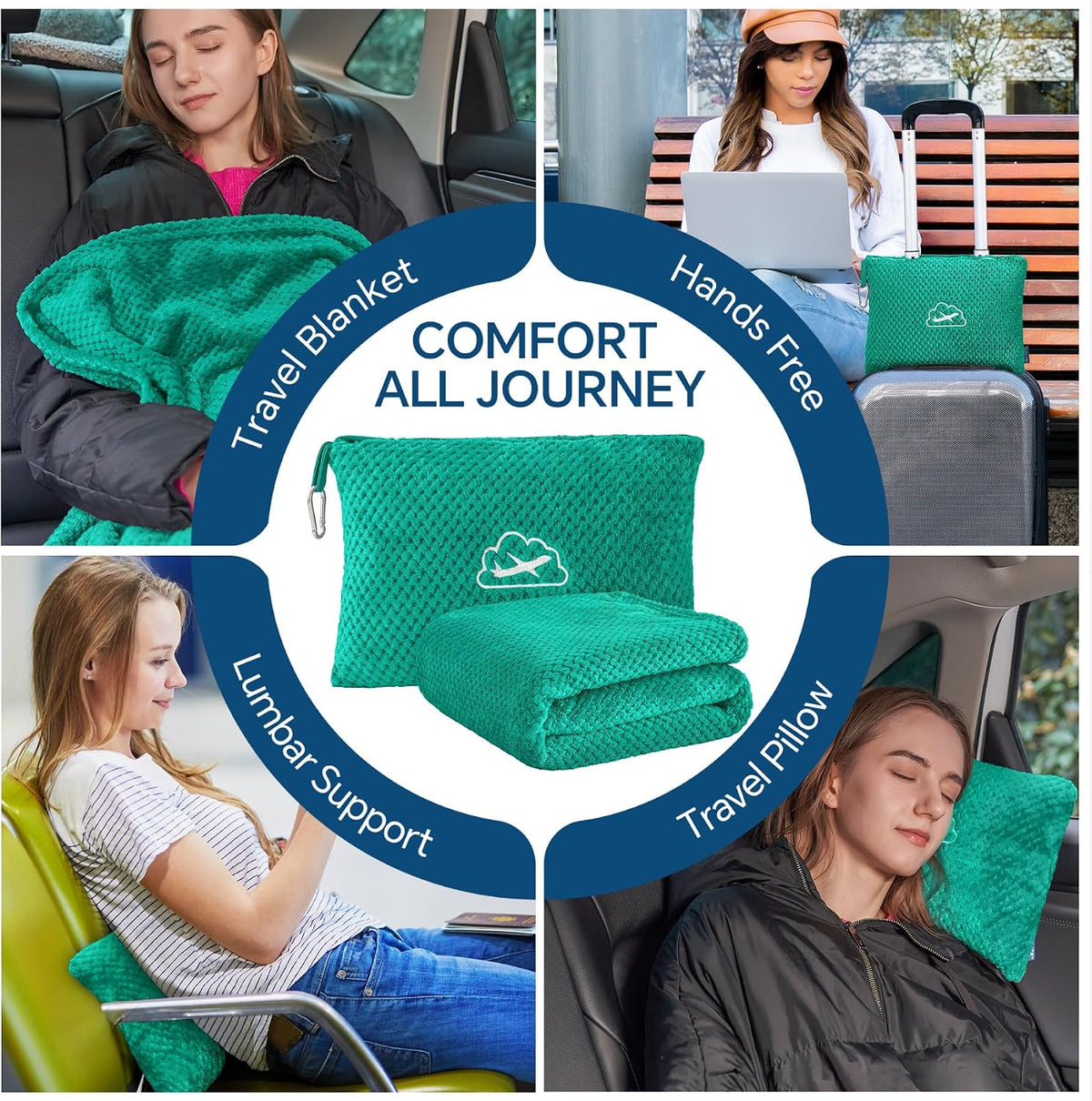 Travel Blanket with Bag, Jacquard Fleece Blanket 65"x40", Blue