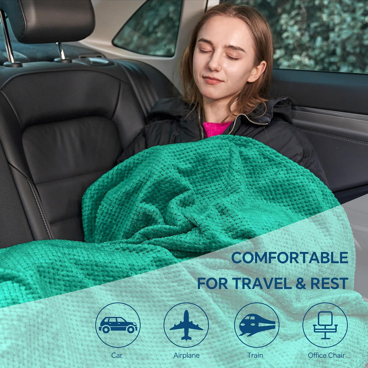 Travel Blanket with Bag, Jacquard Fleece Blanket 65"x40", Blue