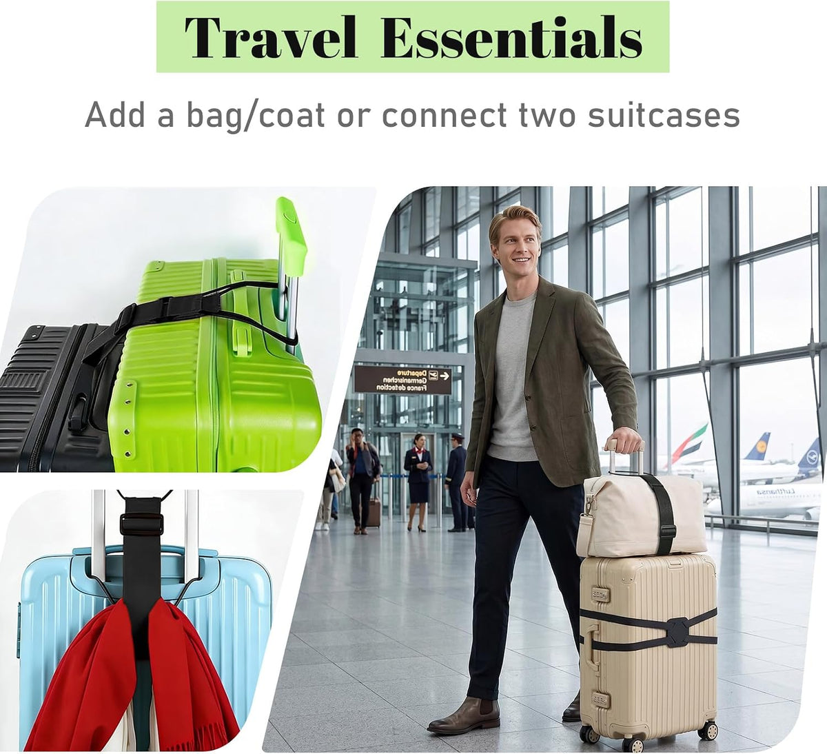 2 Pack Multi Use Strong Adjustable Luggage Connector Straps for Suitcases