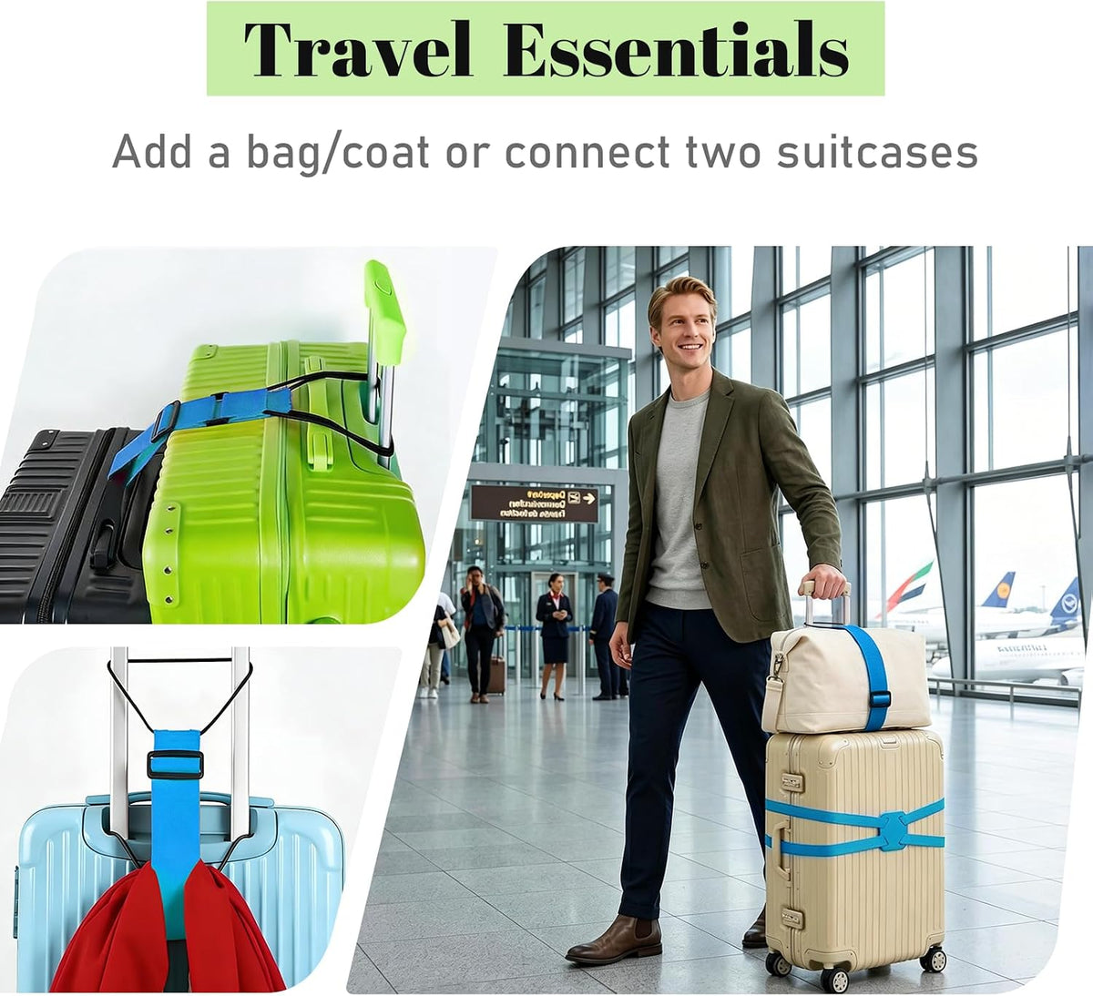 2 Pack Multi Use Strong Adjustable Luggage Connector Straps for Suitcases
