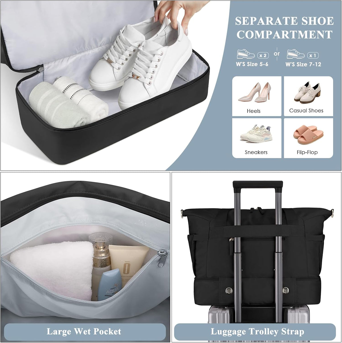 Gym Bag for Women, Personal Item Travel Bag with Shoes Compartment for Trip