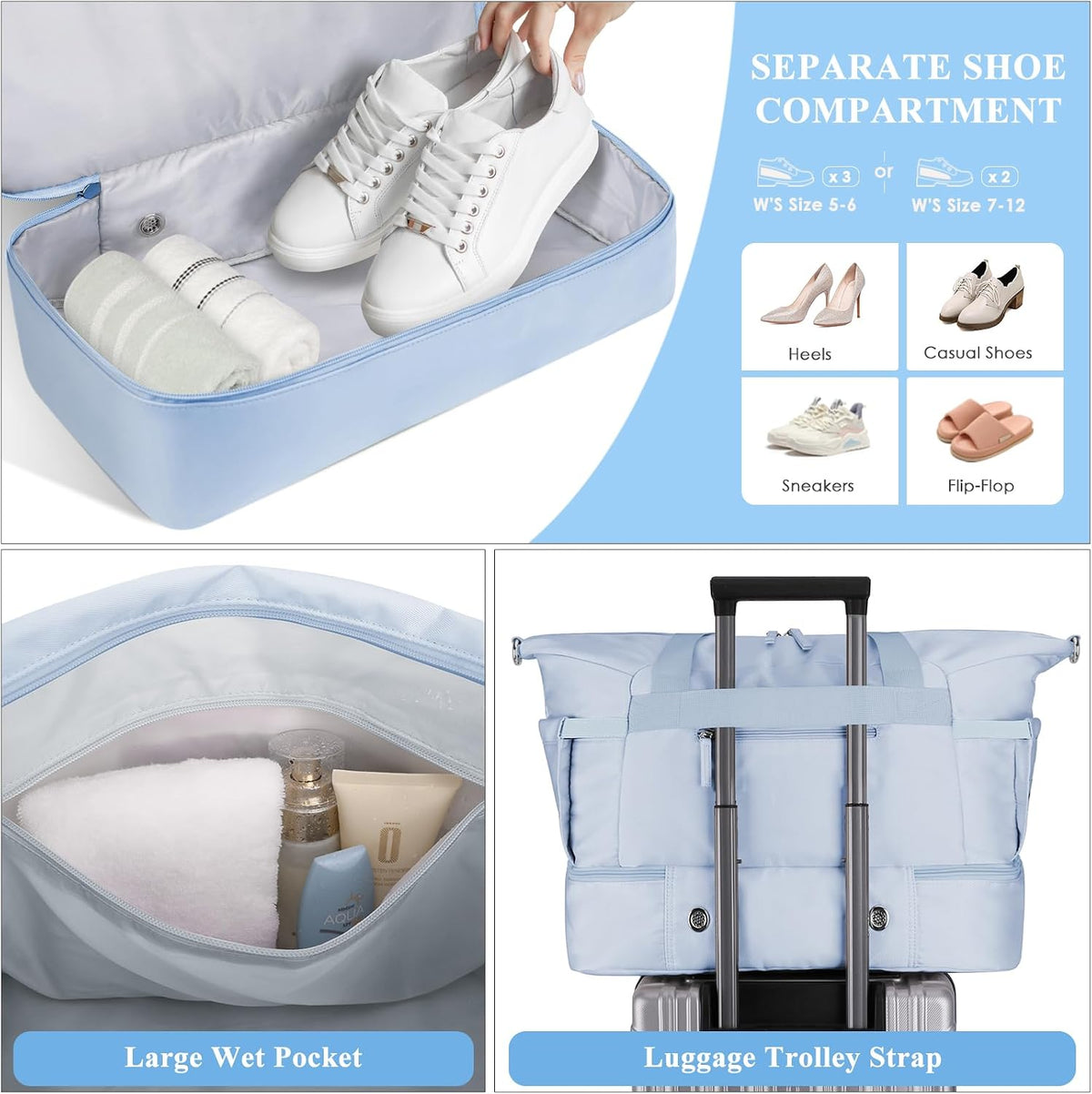 Gym Bag for Women, Personal Item Travel Bag with Shoes Compartment for Trip