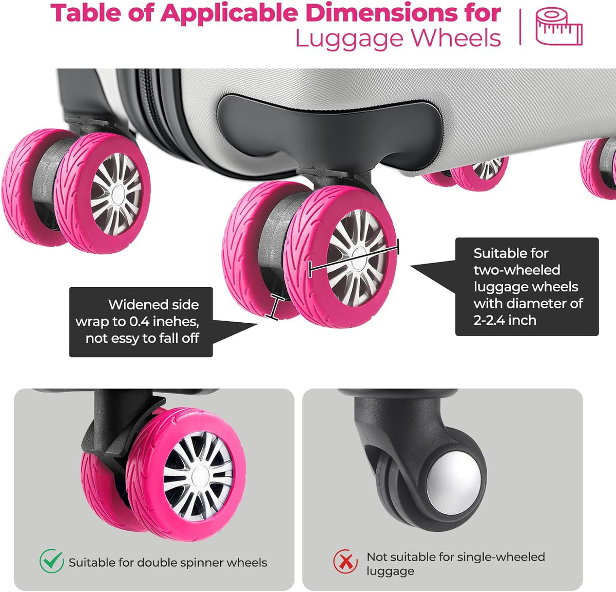 8Pcs Upgrade Luggage Wheel Covers, Travel Accessories (Hot Pink)