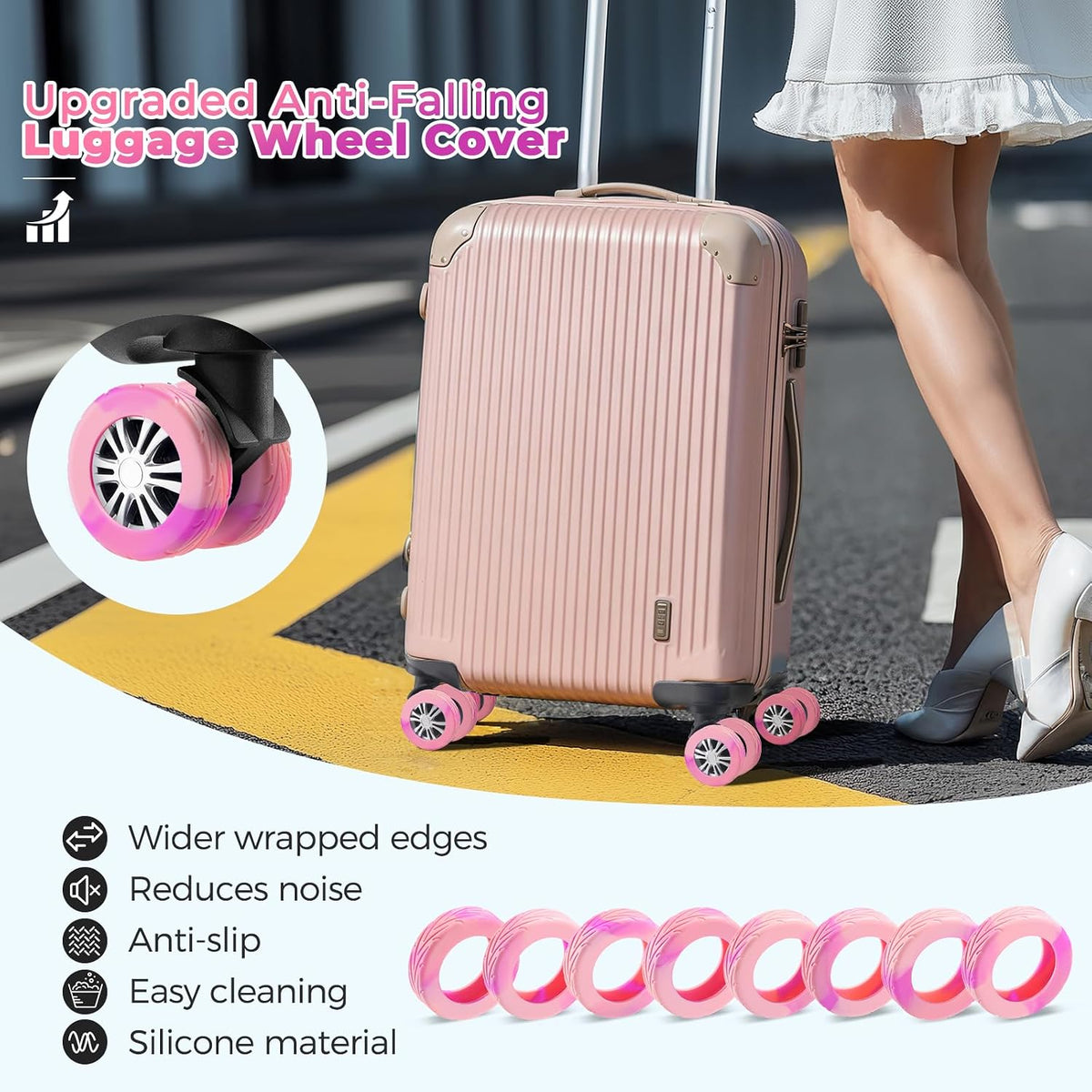 8Pcs Upgrade Luggage Wheel Covers, Travel Accessories (Hot Pink)