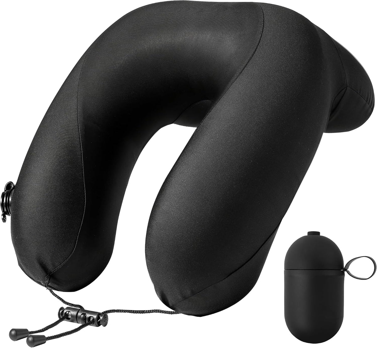 Inflatable Travel Neck Pillow for Airplane with Adjustable 360° Head & Neck Support, 2-in-1 Air Pump and Storage Bag, Soft Removable Washable Cover for Airplane, Train, Office (1, Black)