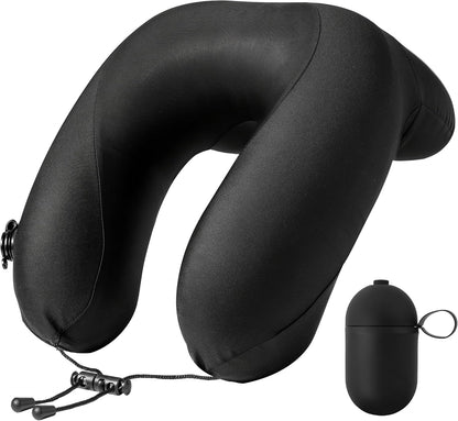 Inflatable Travel Neck Pillow for Airplane with Adjustable 360° Head & Neck Support, 2-in-1 Air Pump and Storage Bag, Soft Removable Washable Cover for Airplane, Train, Office (1, Black)