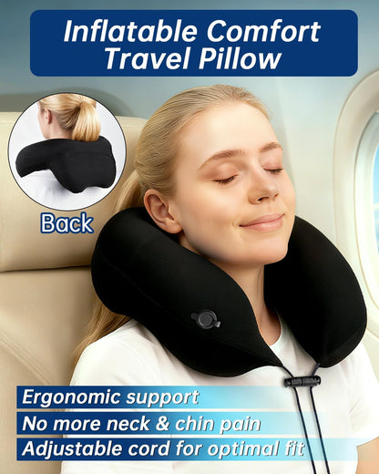 Inflatable Travel Neck Pillow for Airplane with Adjustable 360° Head & Neck Support, 2-in-1 Air Pump and Storage Bag, Soft Removable Washable Cover for Airplane, Train, Office (1, Black)